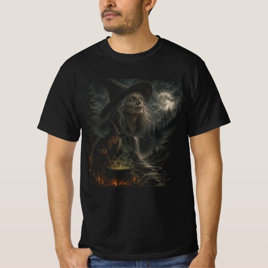 魔法使いの夜の魔法鍋 | 幽霊の月、コウモリ、森 Tシャツ (正面)