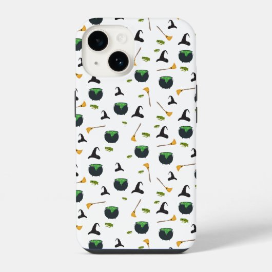 魔法使いの帽子と箒と鍋のハロウィンパターン iPhoneケース (裏面)