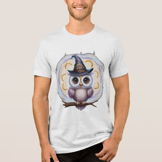 魔法使いの帽子をかぶったかわいいフクロウ、輝く魔力あり トライブレンドＴシャツ (正面)