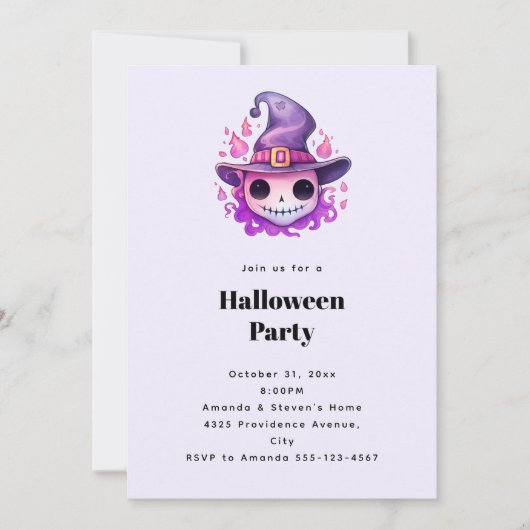 魔法使いの帽子をかぶったドクロのハロウィンパーティー 招待状 (正面)