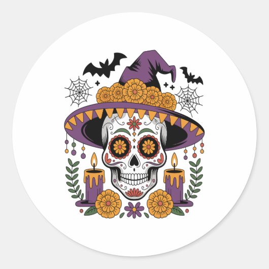 魔法使いの帽子をかぶったドクロのハロウィンベクター ラウンドシール (正面)