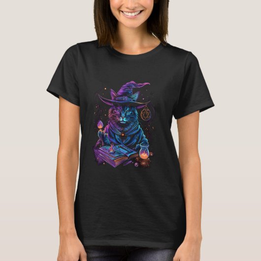 魔法使いの帽子をかぶったマジシャン猫、魔法のポーションと呪文 Tシャツ (正面)