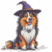 魔法使いの帽子をかぶった幸せな犬 シール (正面)