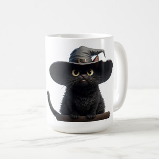 魔法使いの帽子をかぶった強い眼差しの黒猫 🐈 コーヒーマグカップ