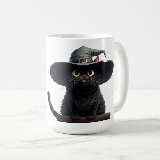 魔法使いの帽子をかぶった強い眼差しの黒猫 🐈 コーヒーマグカップ (正面右)
