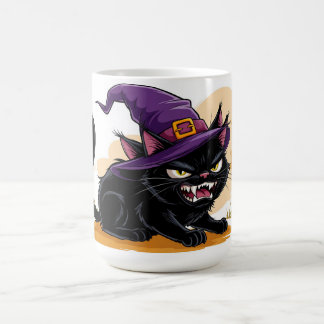 魔法使いの帽子をかぶった怒った黒猫 ハロウィンマジックグロウ コーヒーマグカップ
