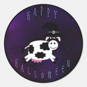 魔法使いの帽子を持つかわいいハッピーハローウィン牛 ラウンドシール