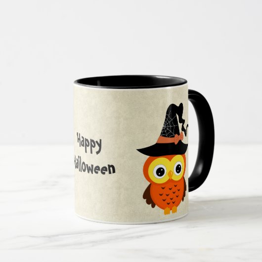 魔法使いの帽子を持つハロウィンのフクロウ マグカップ (正面右)