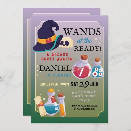 魔法使いの誕生日パーティーが準備された男の子の所で行く 招待状 (正面/裏面)