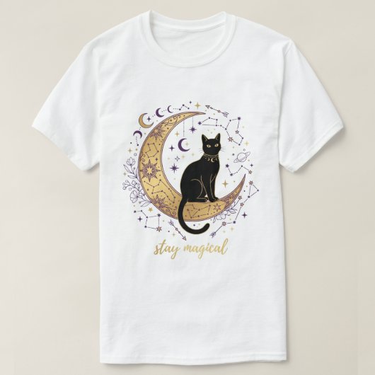 魔法使いの黒猫と月デザイン  Tシャツ (デザイン正面)