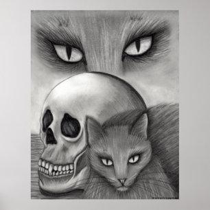 魔法使いの黒猫のスカルのゴシック様式ファンタジー猫の芸術Pri ポスター