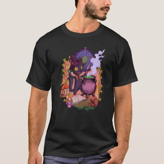 魔法使いコア 魔法猫が釜のそばに立つ Tシャツ (正面)
