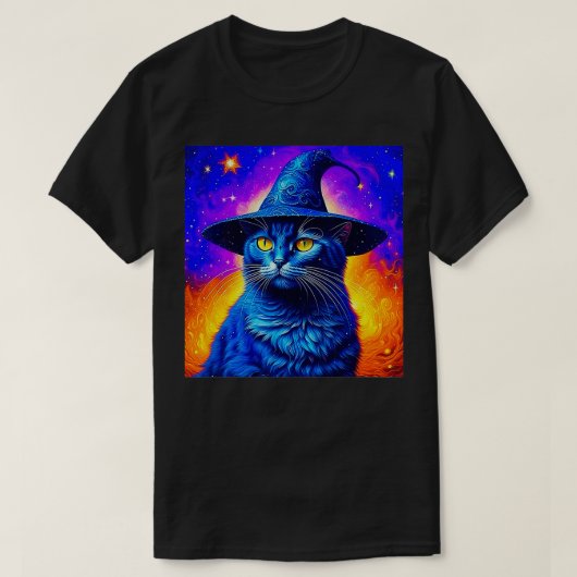 魔法使い猫と星の神秘的な魔法猫好き Tシャツ (デザイン正面)