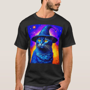 魔法使い猫と星の神秘的な魔法猫好き Tシャツ