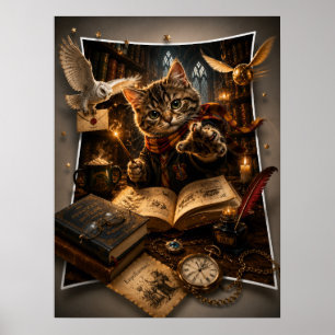 魔法使い猫の3Dポップアウト・ファンタジーウォールアート ポスター