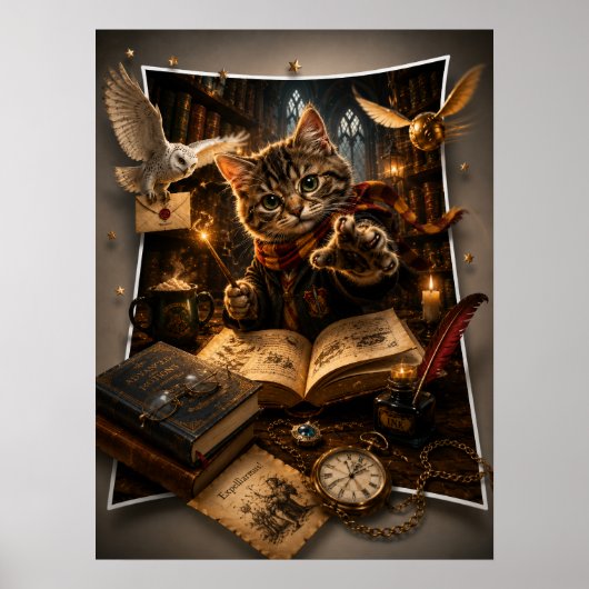 魔法使い猫の3Dポップアウト・ファンタジーウォールアート ポスター (正面)
