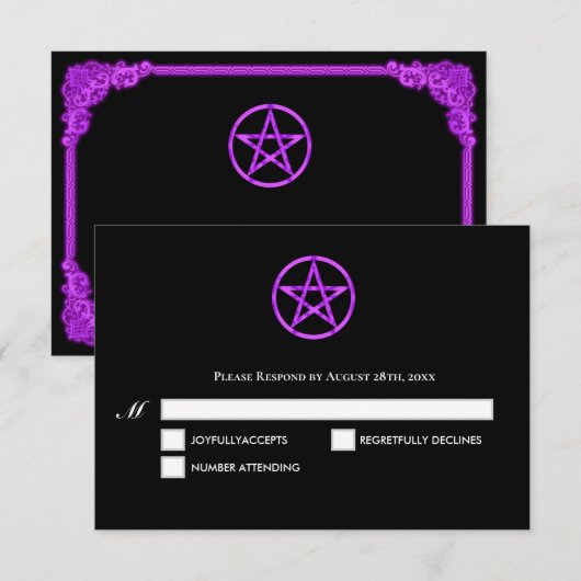 魔法使い風の紫色グローゴシックウェディングRSVPカード 出欠カード (正面/裏面)