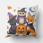 魔法使い黒猫フクロウキツネカボチャアート クッション (正面)