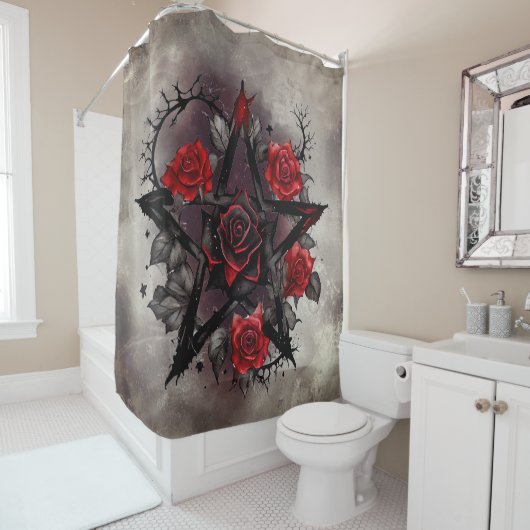 魔法使い | ソニーレッドローズ付きゴシック様式のペンタグラム シャワーカーテン (インサイチュ)