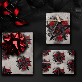 魔法使い | ソニーレッドローズ付きゴシック様式のペンタグラム ラッピングペーパーシート