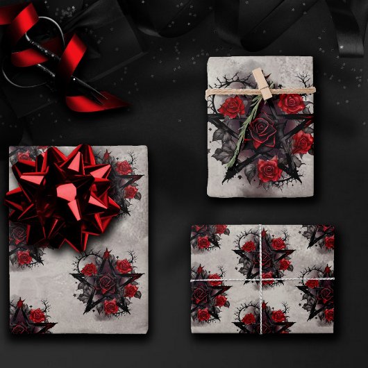 魔法使い | ソニーレッドローズ付きゴシック様式のペンタグラム ラッピングペーパーシート