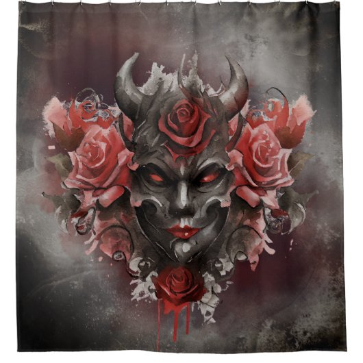 魔法使い | 赤い目を持つ暗白熱［赤熱］光を放つい角の悪魔 シャワーカーテン (正面)