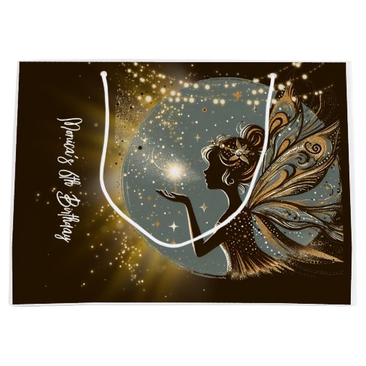 魔法妖精のシルエットで夜子供の誕生日 ラージペーパーバッグ (正面)