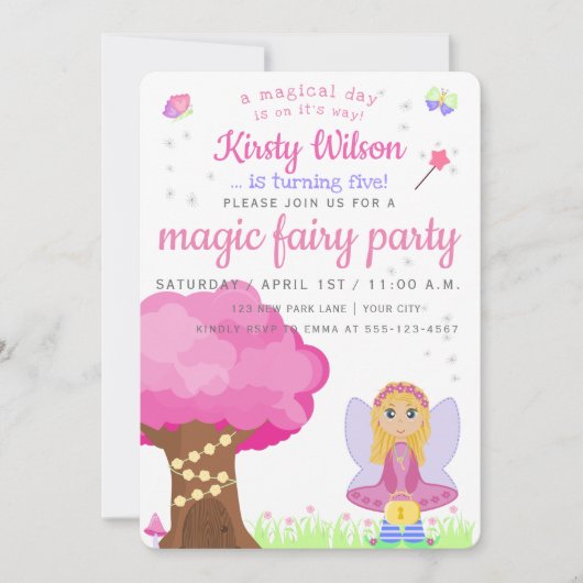 魔法妖精パーティー |ガールの誕生祝い 招待状 (正面)