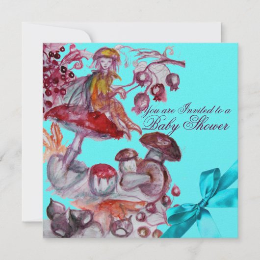 魔法小節、きのこブルーリボン男の赤ちゃんシャワー 招待状 (正面)