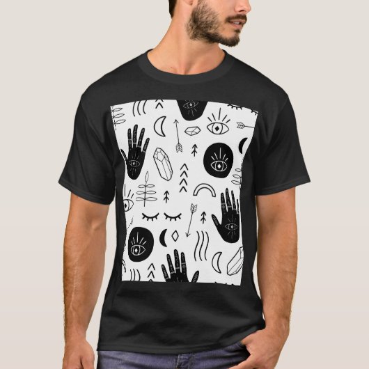 魔法手、月、民族柄。 Tシャツ (正面)