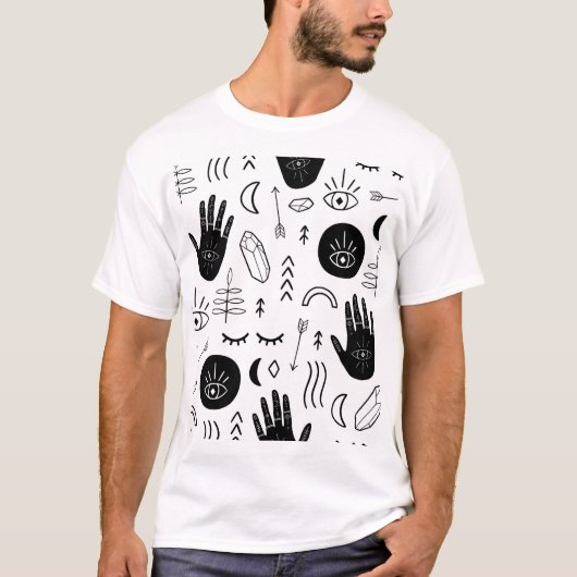 魔法手、月、民族柄。 Tシャツ (正面)