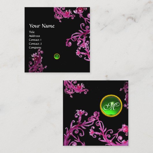 魔法果実ピンクパープルブラックフローラモノグラム スクエア名刺 (正面/裏面)
