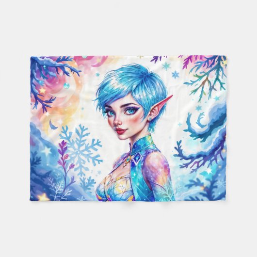 魔法氷小妖精や小人雪の森凍ってい童話 フリースブランケット (正面(横))
