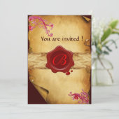 魔法渦巻き羊皮紙および赤色ワックスシールモノグラム 招待状 (スタンド正面)