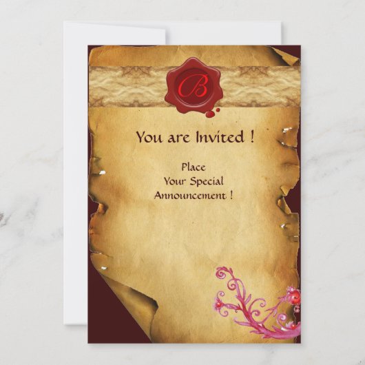 魔法渦巻き羊皮紙および赤色ワックスシールモノグラム 招待状 (裏面)