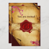 魔法渦巻き羊皮紙および赤色ワックスシールモノグラム 招待状 (正面/裏面)