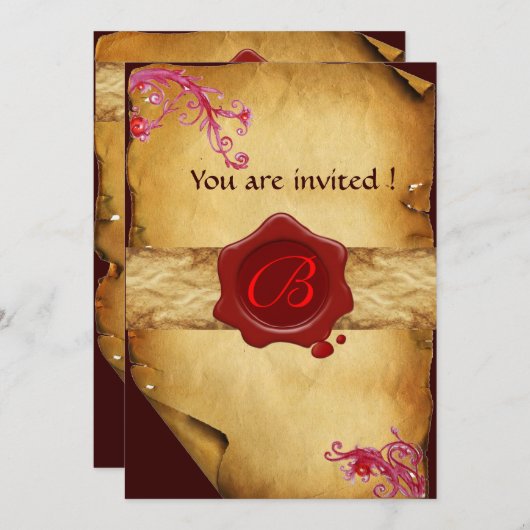 魔法渦巻き羊皮紙および赤色ワックスシールモノグラム 招待状 (正面/裏面)