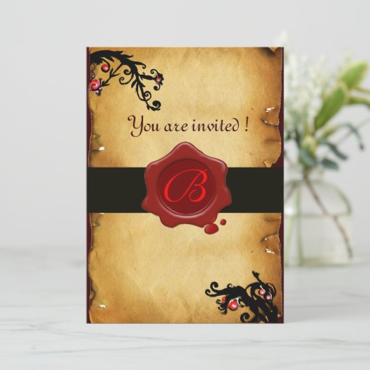 魔法渦巻き羊皮紙および赤色ワックスシールモノグラム 招待状 (スタンド正面)