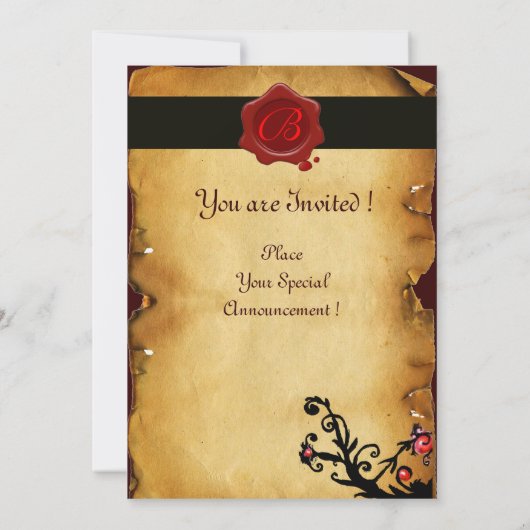 魔法渦巻き羊皮紙および赤色ワックスシールモノグラム 招待状 (裏面)