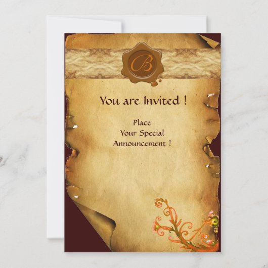 魔法渦巻羊皮紙および茶色ワックスシールモノグラム 招待状 (裏面)