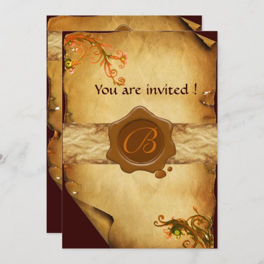 魔法渦巻羊皮紙および茶色ワックスシールモノグラム 招待状 (正面/裏面)