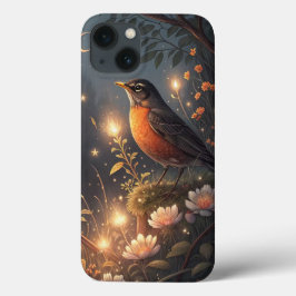 魔法白熱［赤熱］光を放つのロビンの鳥と花 iPhone 13ケース