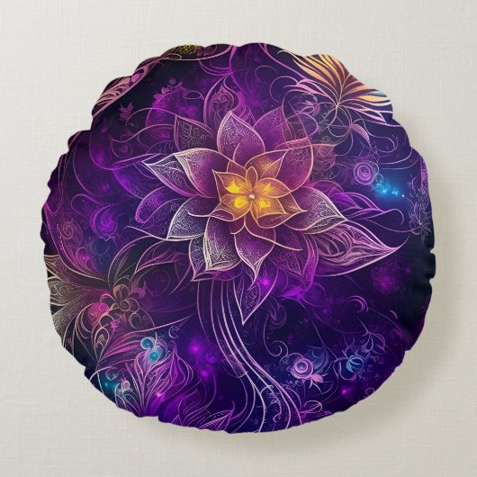 魔法紫の輝く花 ラウンドクッション (正面)