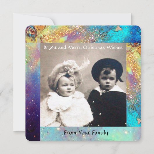 魔法蝶の植物金ゴールド青いキラキラのクリスマス シーズンカード (正面)