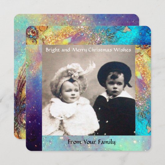 魔法蝶の植物金ゴールド青いキラキラのクリスマス シーズンカード (正面/裏面)