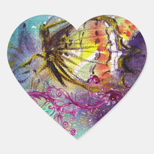 魔法蝶の青いピンクのフローラ渦巻き ハートシール (正面)