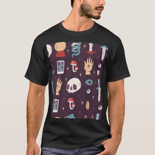 魔法要素:スカル、タロットシームレス Tシャツ (正面)