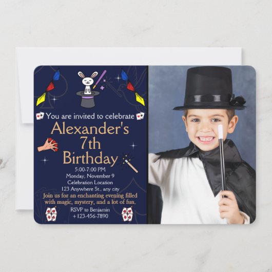 魔法誕生日とカスタムフォトマジシャンテーマ 招待状 (正面)