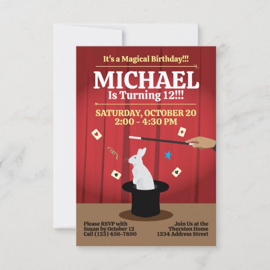 魔法誕生日パーティーの招待状 – Top Hat & Bunny 招待状 (正面)