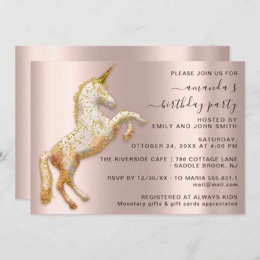 魔法金ゴールドユニコーンホースバースデーパーティー 招待状 (正面/裏面)